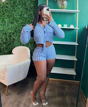 Load image into Gallery viewer, Blue knitted, stripped short set