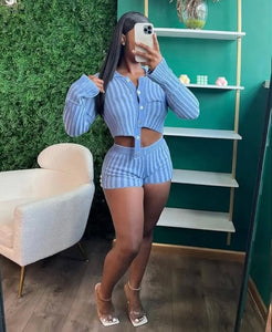 Blue knitted, stripped short set