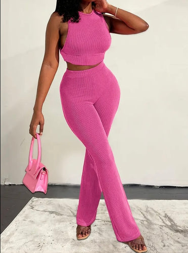 Pink ribbed casual pant set
