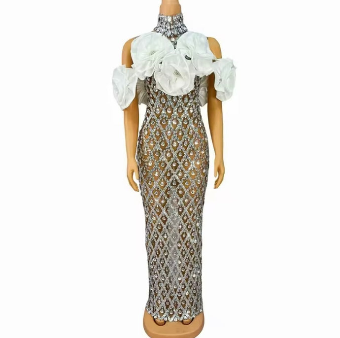 Luxury 3D Flower Rhinestone Dress