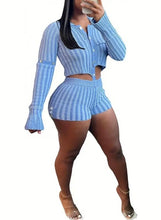 Load image into Gallery viewer, Blue knitted, stripped short set