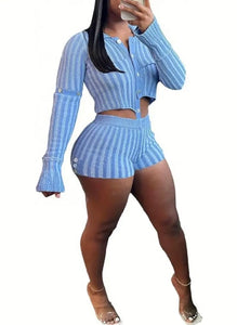 Blue knitted, stripped short set